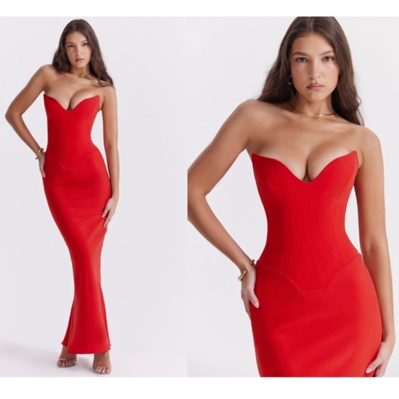 HOUSE OF CB 'Tamara' Cherry‎ red Strapless Corset Dress maxi NWOT size L - Picture 1 of 13
